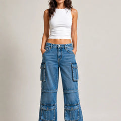 Waysho Women's Blue Cargo Wide Leg Denim Jeans with Oversized Utility Pockets Full Front View