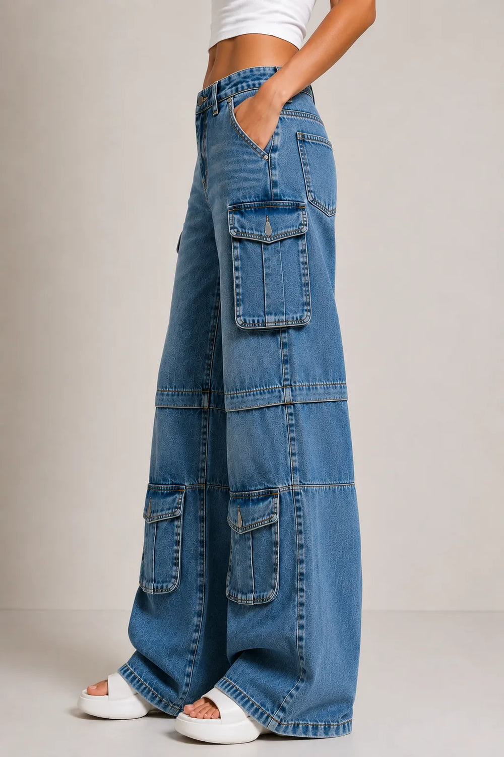 Waysho Women's Blue Cargo Wide Leg Denim Jeans with Oversized Utility Pockets Left View