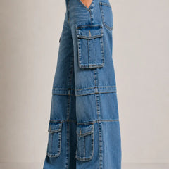 Waysho Women's Blue Cargo Wide Leg Denim Jeans with Oversized Utility Pockets Left View