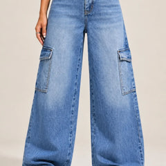 Women's Blue High Rise Cargo Wide Leg Jeans with Side Cargo Pockets Front View By Waysho