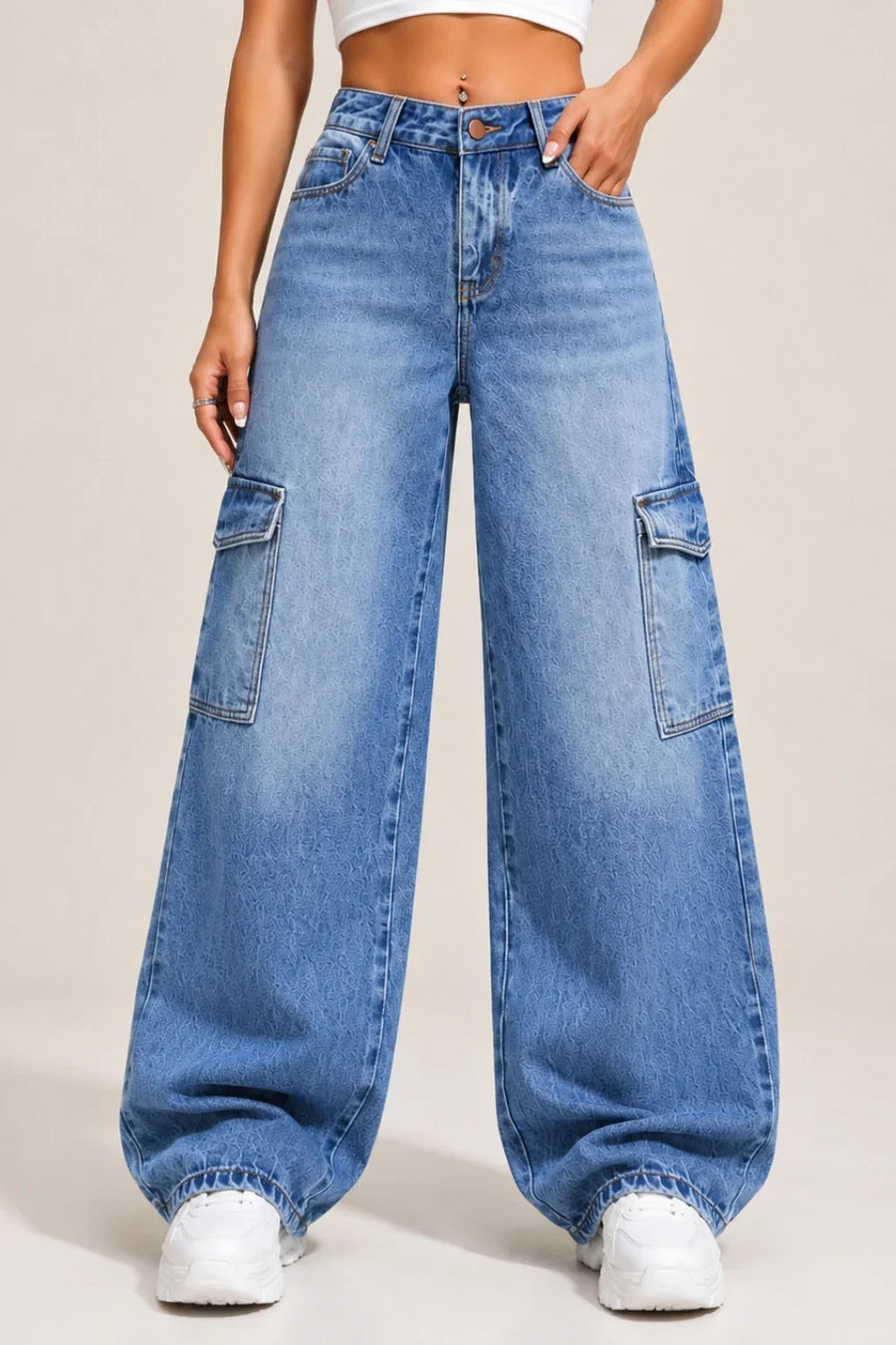 Women's Blue High Rise Cargo Wide Leg Jeans with Side Cargo Pockets Front View By Waysho