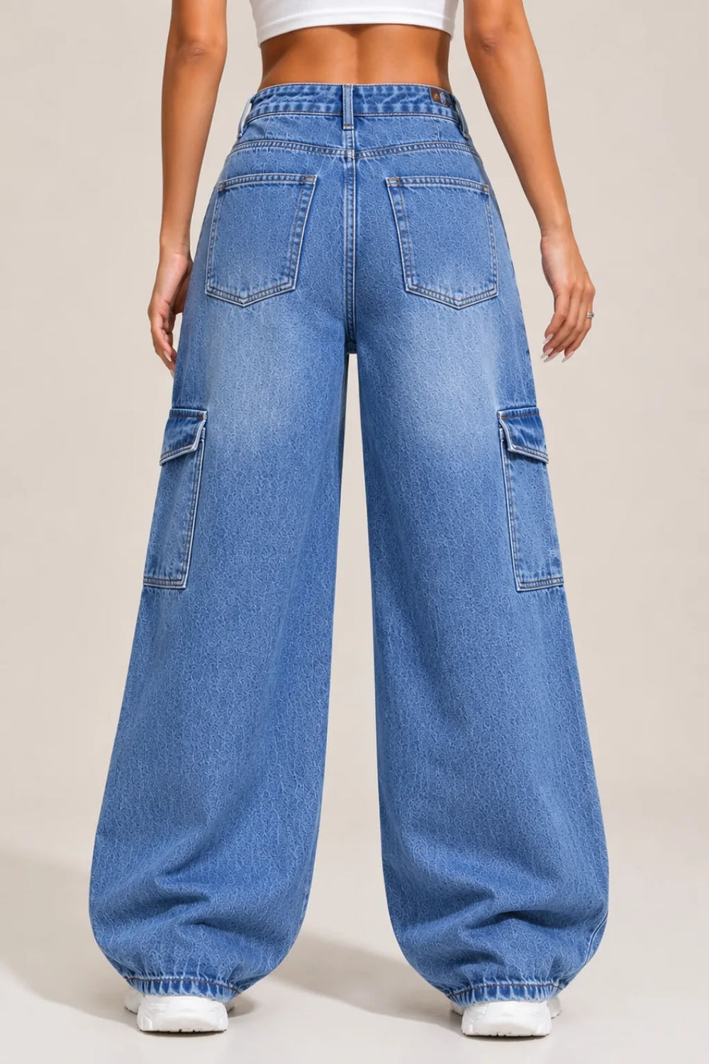 Women's Blue High Rise Cargo Wide Leg Jeans with Side Cargo Pockets Back View By Waysh