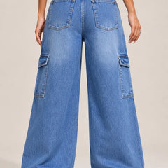 Women's Blue High Rise Cargo Wide Leg Jeans with Side Cargo Pockets Back View By Waysh