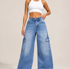 Women's Blue High Rise Cargo Wide Leg Jeans with Side Cargo Pockets Full View By Waysho