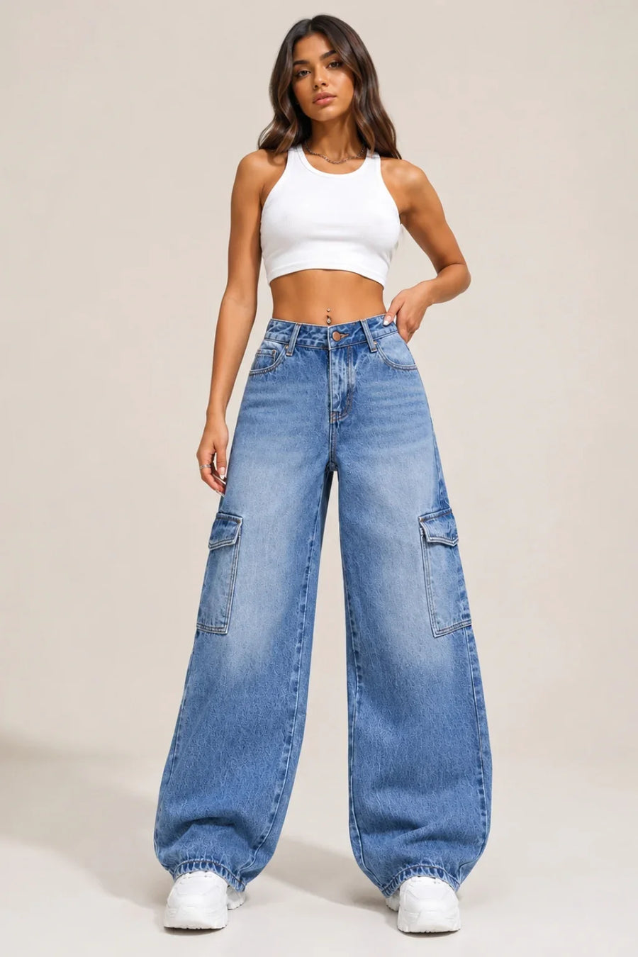 Women's Blue High Rise Cargo Wide Leg Jeans with Side Cargo Pockets Full View By Waysho