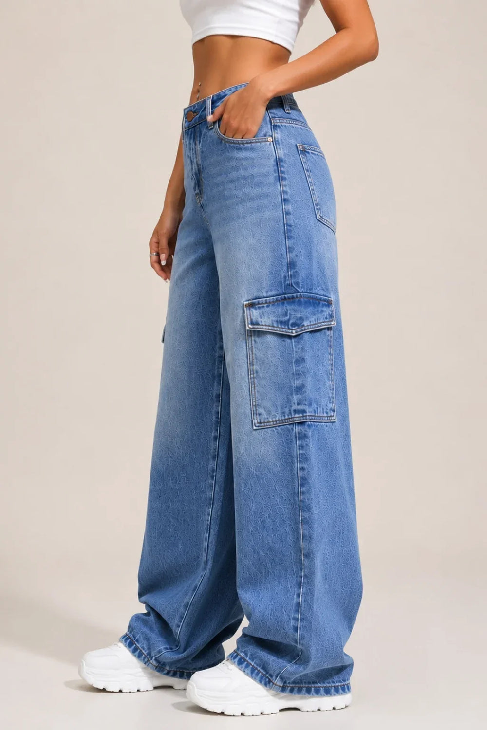Women's Blue High Rise Cargo Wide Leg Jeans with Side Cargo Pockets Left View By Waysho