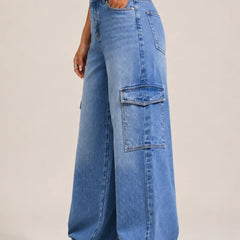 Women's Blue High Rise Cargo Wide Leg Jeans with Side Cargo Pockets Left View By Waysho