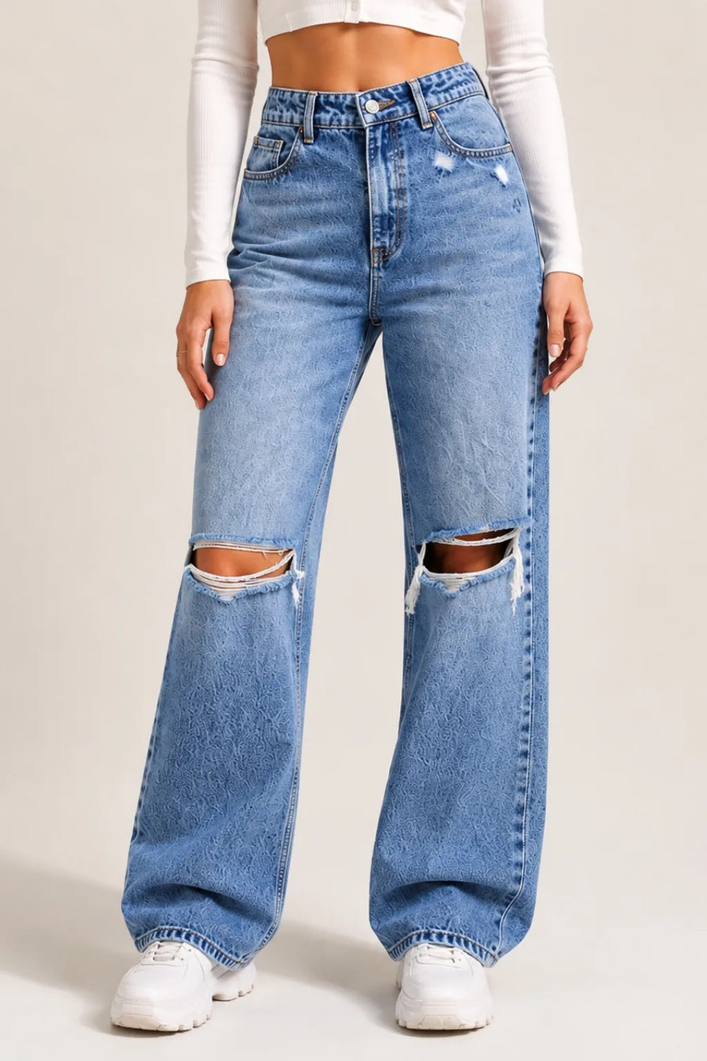 Women's Blue High Rise Ripped Wide Leg Jeans Distressed Baggy Denim Front View By Waysho