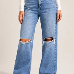 Women's Blue High Rise Ripped Wide Leg Jeans Distressed Baggy Denim Front View By Waysho