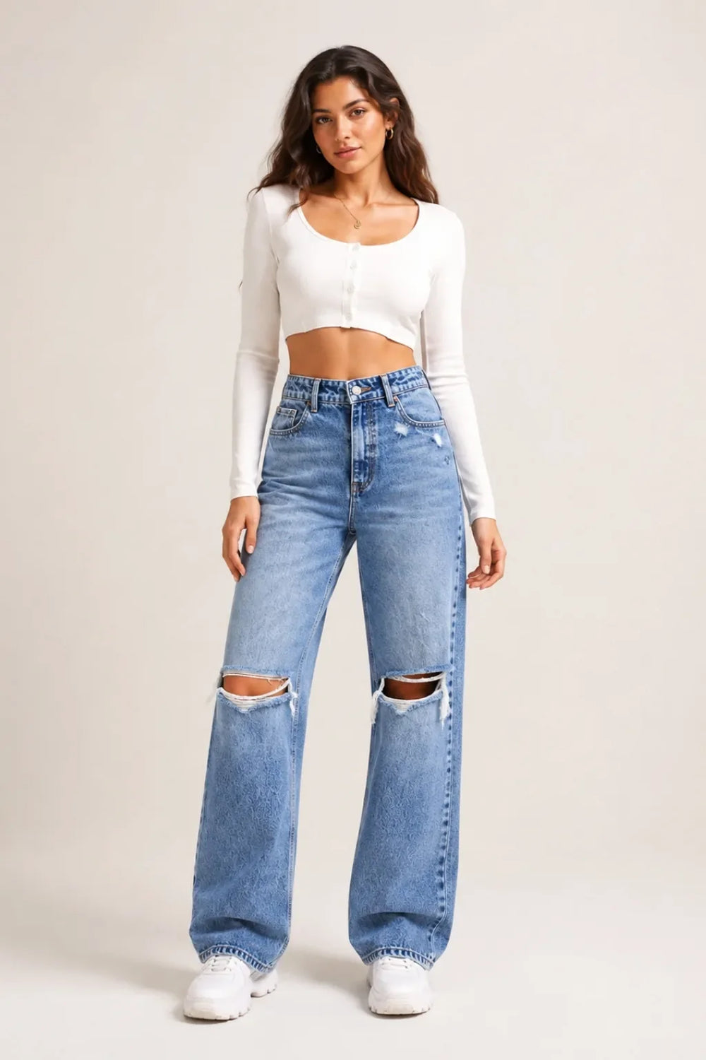 Women's Blue High Rise Ripped Wide Leg Jeans Distressed Baggy Denim Full View By Waysho