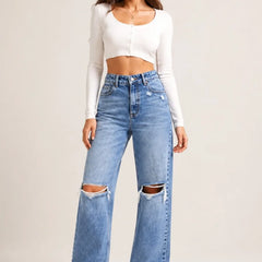 Women's Blue High Rise Ripped Wide Leg Jeans Distressed Baggy Denim Full View By Waysho