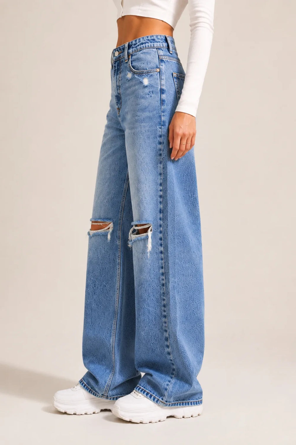 Women's Blue High Rise Ripped Wide Leg Jeans Distressed Baggy Denim Left View By Waysho
