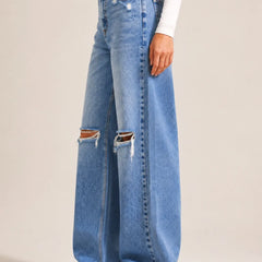 Women's Blue High Rise Ripped Wide Leg Jeans Distressed Baggy Denim Left View By Waysho