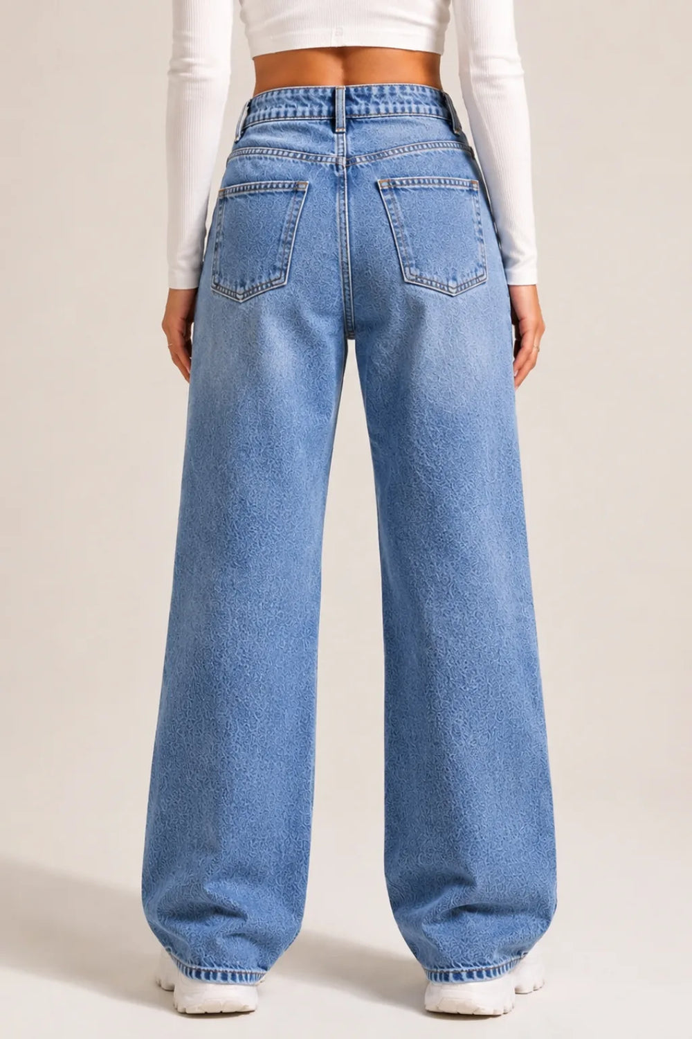 Women's Blue High Rise Ripped Wide Leg Jeans Distressed Baggy Denim back View By Waysho