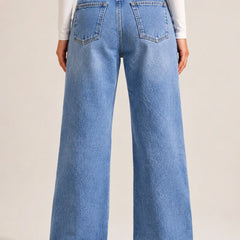 Women's Blue High Rise Ripped Wide Leg Jeans Distressed Baggy Denim back View By Waysho