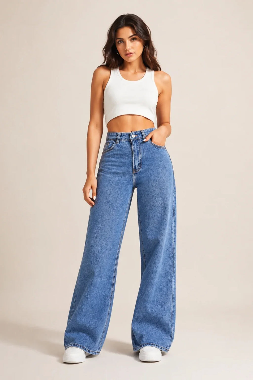 Waysho Women's Blue High Rise Wide Leg Jeans Full View