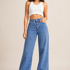 Waysho Women's Blue High Rise Wide Leg Jeans Full View