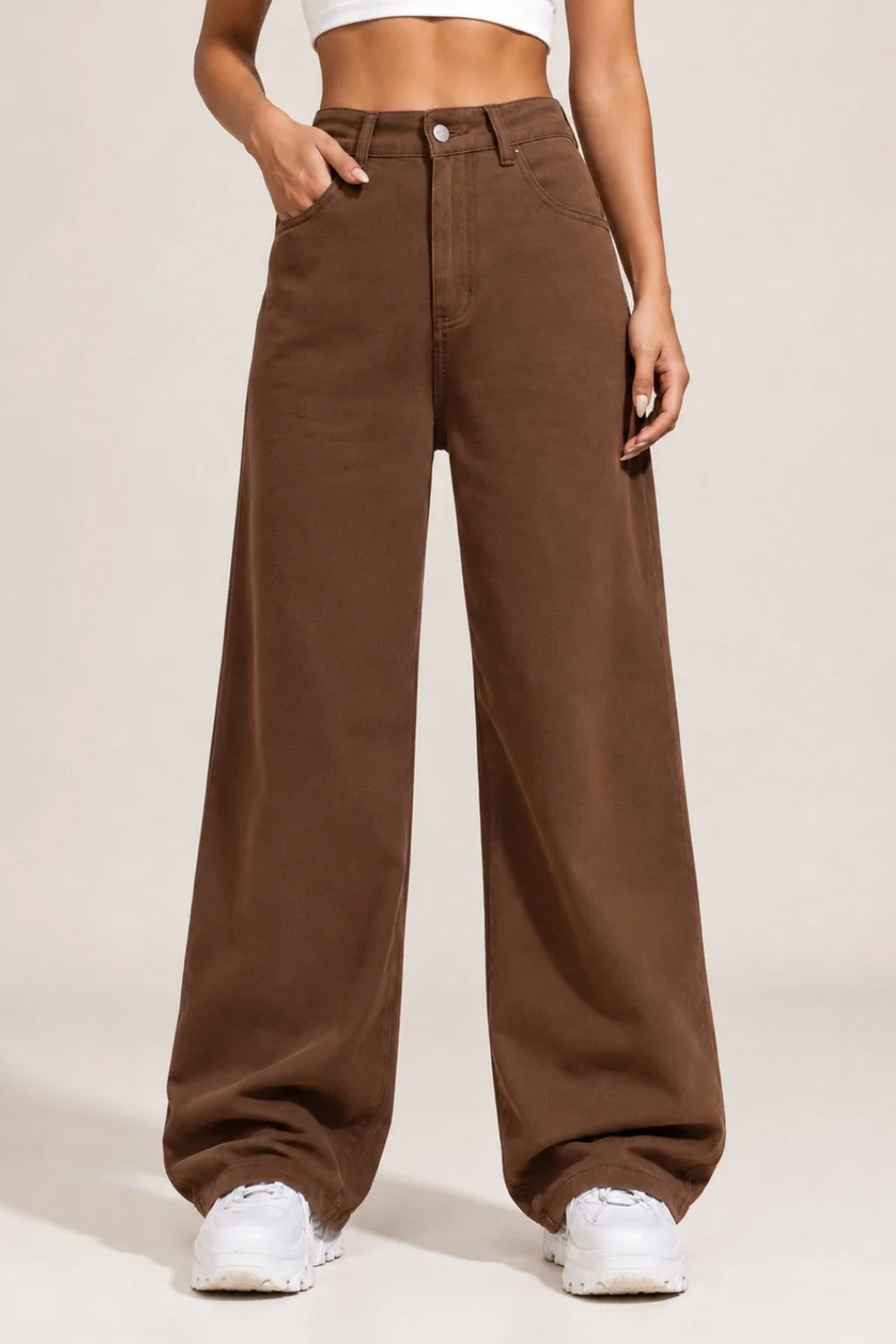 Waysho Women's Brown High Rise Wide Leg Jeans Front View