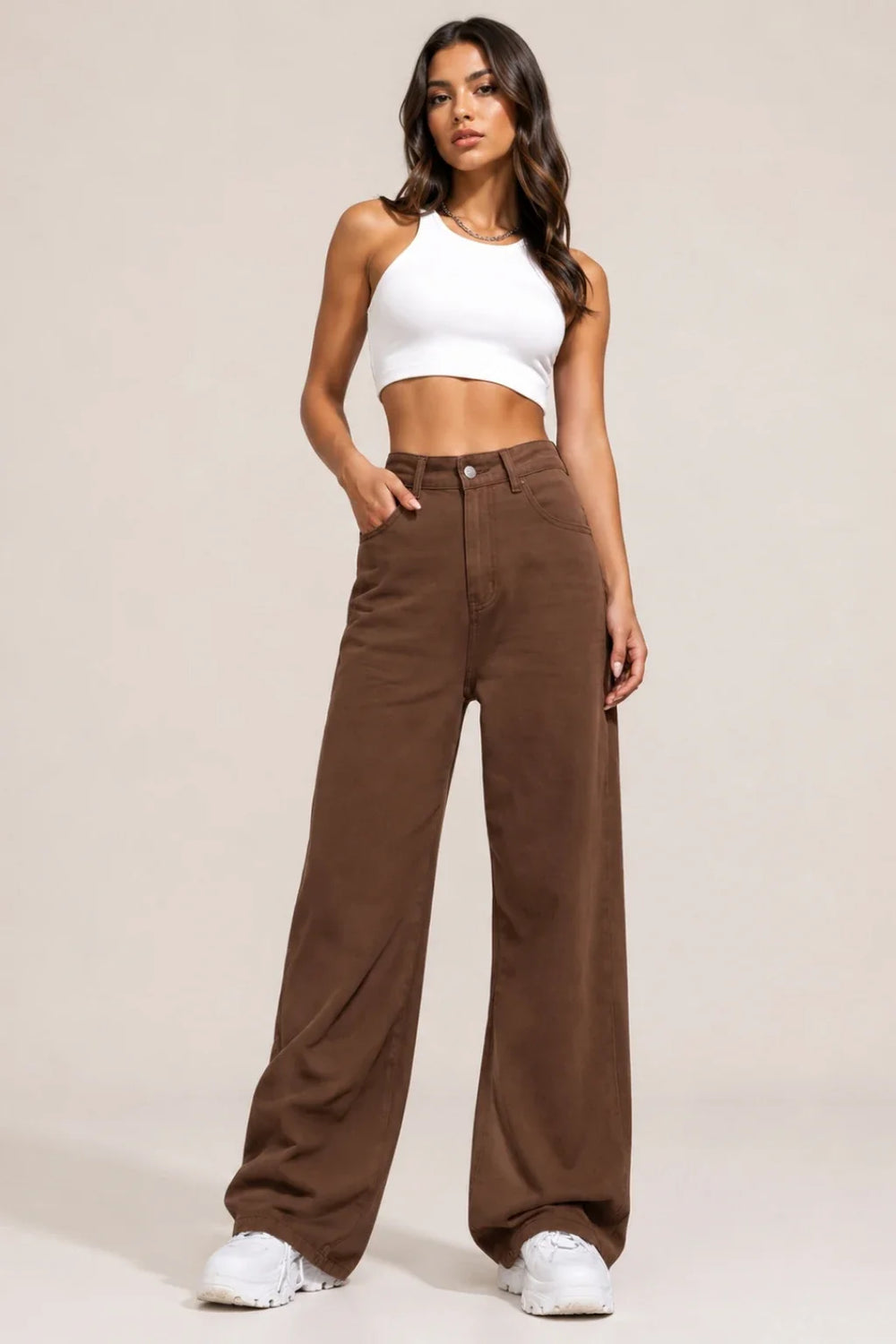 Waysho Women's Brown High Rise Wide Leg Jeans Full View