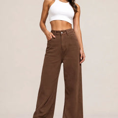 Waysho Women's Brown High Rise Wide Leg Jeans Full View