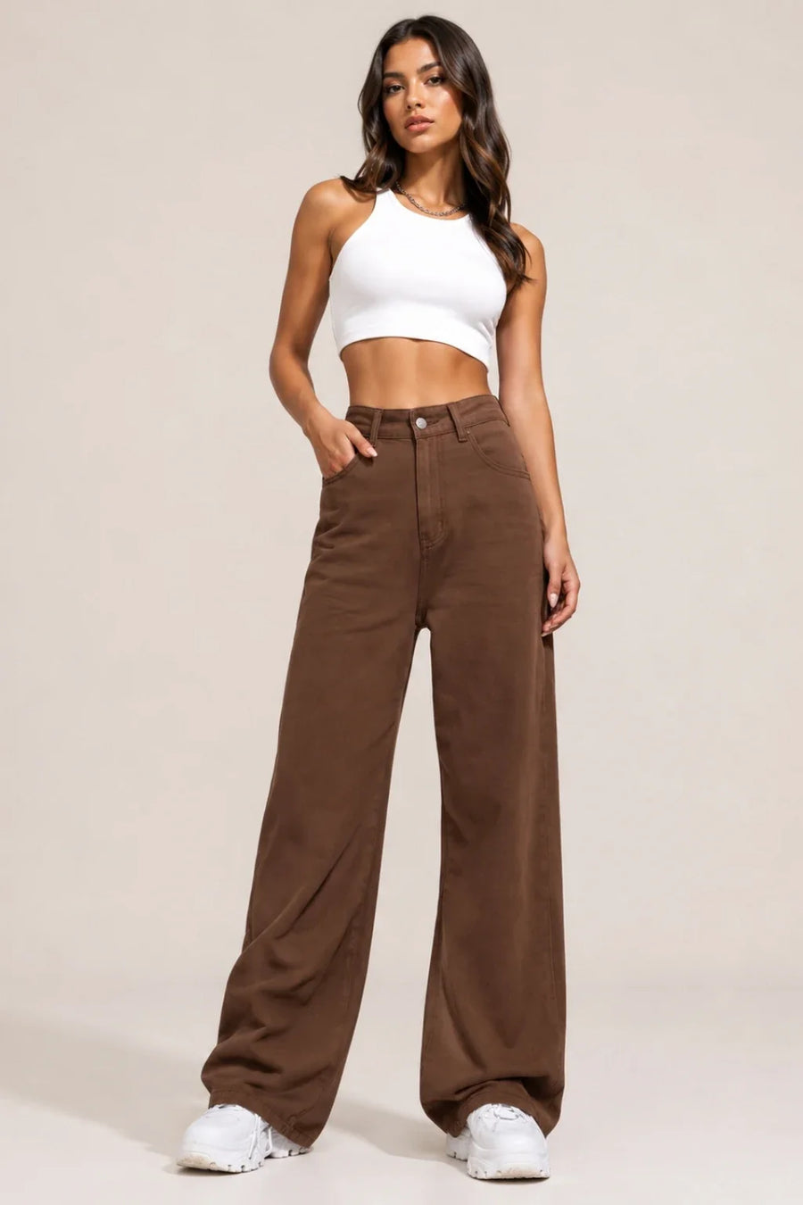 Waysho Women's Brown High Rise Wide Leg Jeans Full View