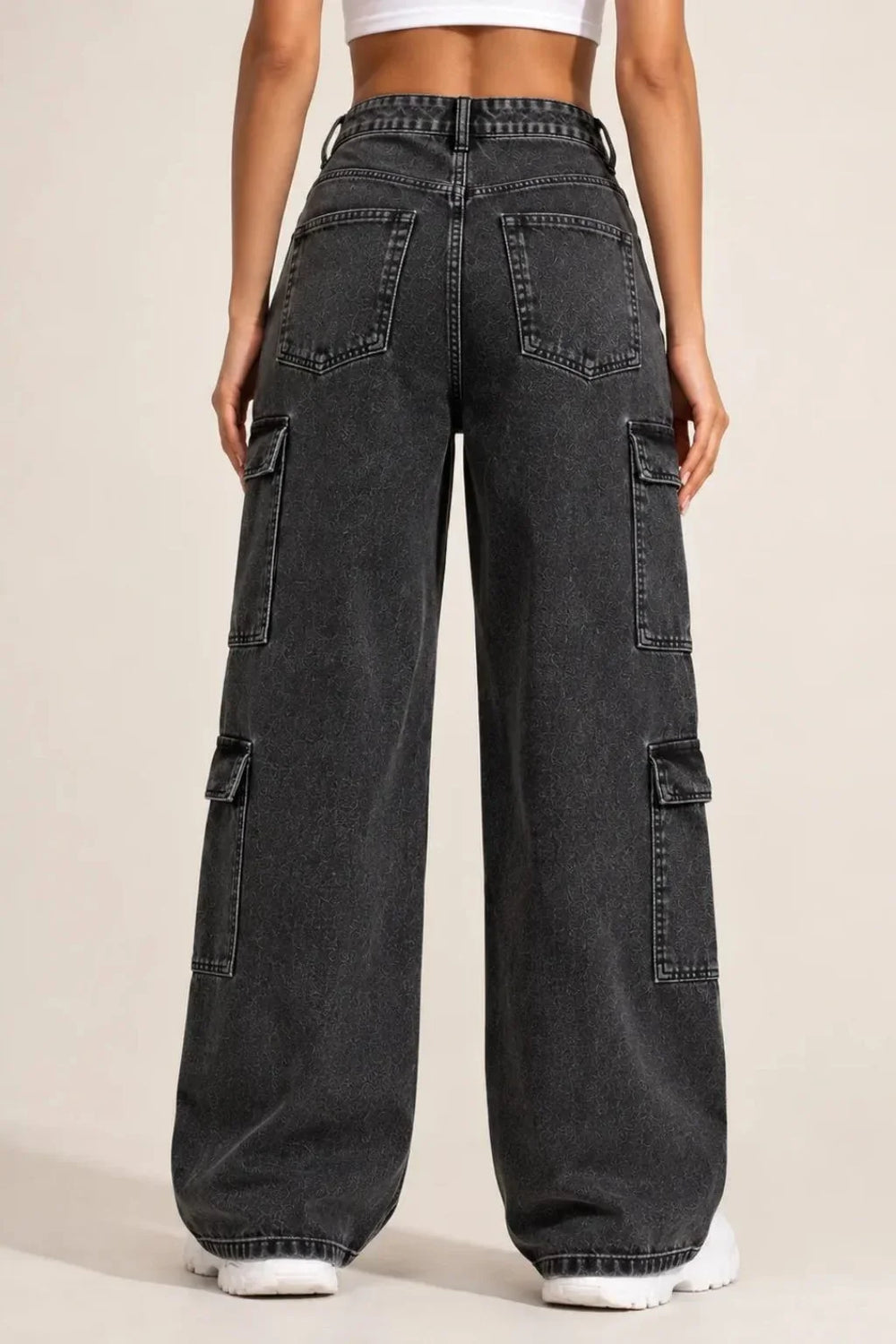 Waysho Women's Charcoal Black High Rise Wide Leg Cargo Jeans Back View