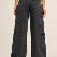 Waysho Women's Charcoal Black High Rise Wide Leg Cargo Jeans Back View