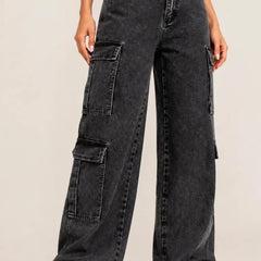 Waysho Women's Charcoal Black High Rise Wide Leg Cargo Jeans Front View
