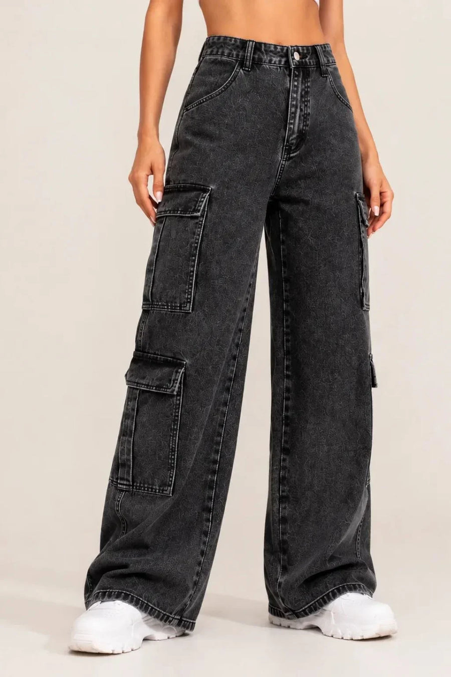 Waysho Women's Charcoal Black High Rise Wide Leg Cargo Jeans Front View