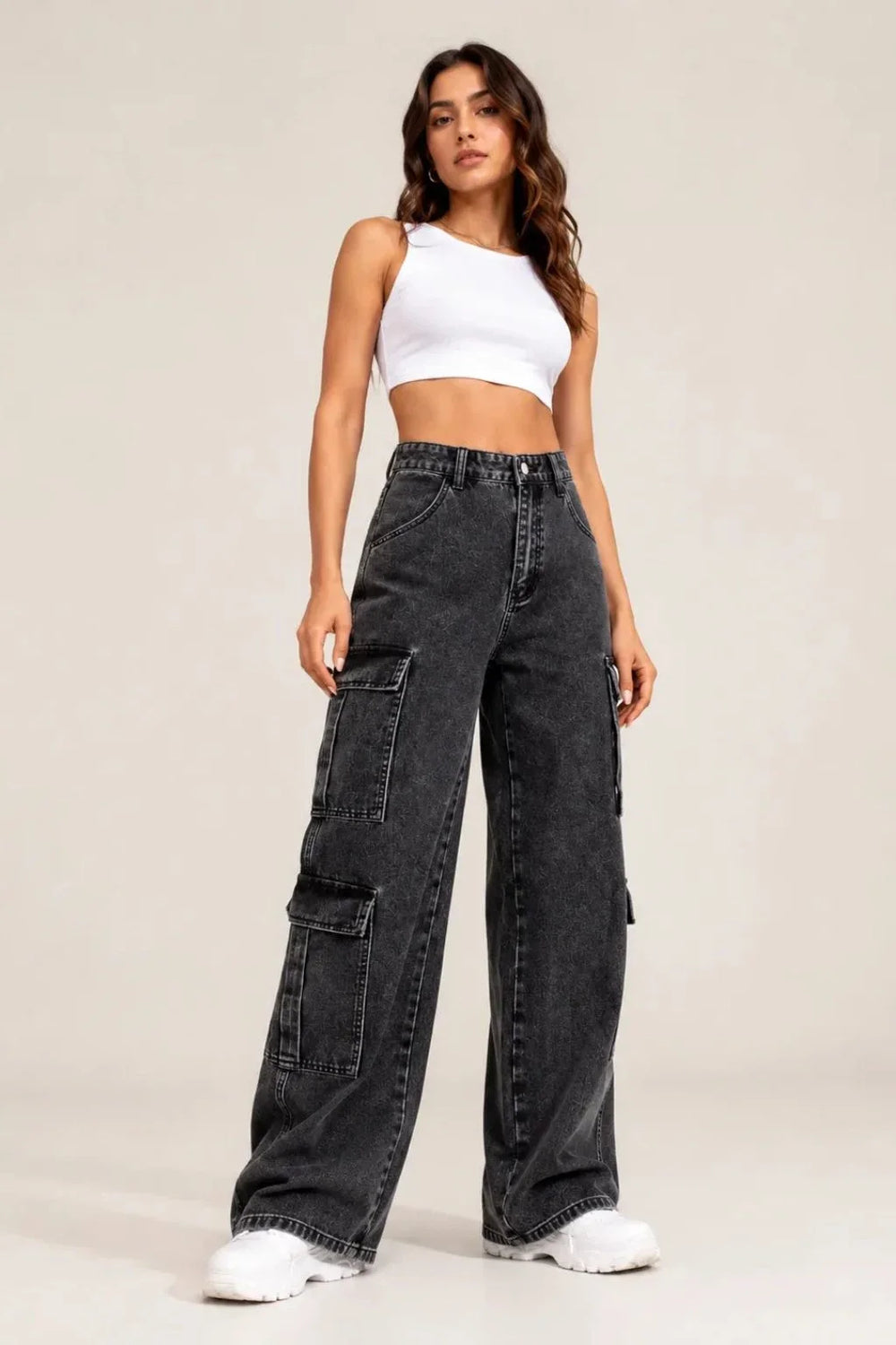 Waysho Women's Charcoal Black High Rise Wide Leg Cargo Jeans Full Front View