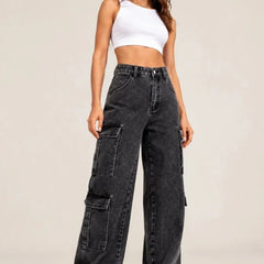 Waysho Women's Charcoal Black High Rise Wide Leg Cargo Jeans Full Front View