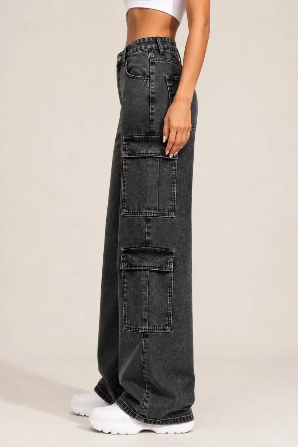 Waysho Women's Charcoal Black High Rise Wide Leg Cargo Jeans Left View