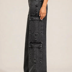Waysho Women's Charcoal Black High Rise Wide Leg Cargo Jeans Left View