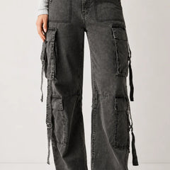 Women's Charcoal Grey High Rise Cargo Wide Leg Jeans with Multi Cargo Pockets Front View By Waysho