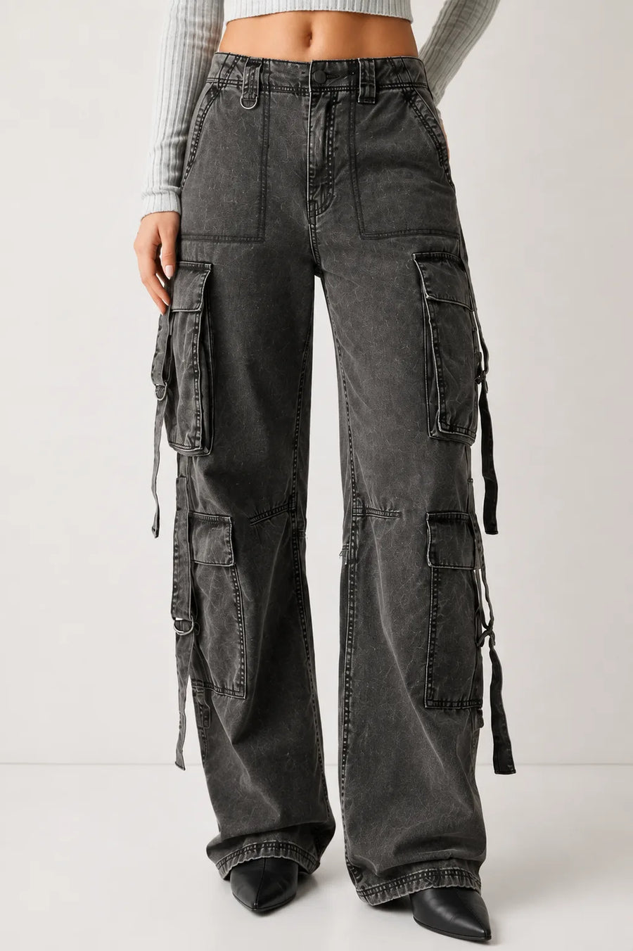 Women's Charcoal Grey High Rise Cargo Wide Leg Jeans with Multi Cargo Pockets Front View By Waysho