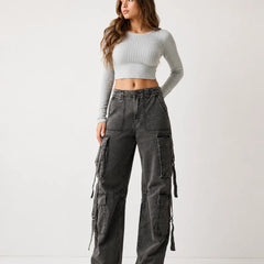 Women's Charcoal Grey High Rise Cargo Wide Leg Jeans with Multi Cargo Pockets Full Front View By Waysho