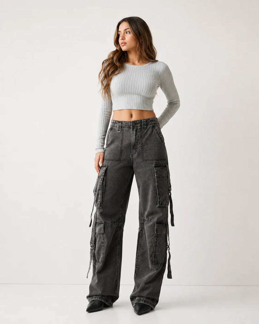Women's Charcoal Grey High Rise Cargo Wide Leg Jeans with Multi Cargo Pockets Full Front View By Waysho