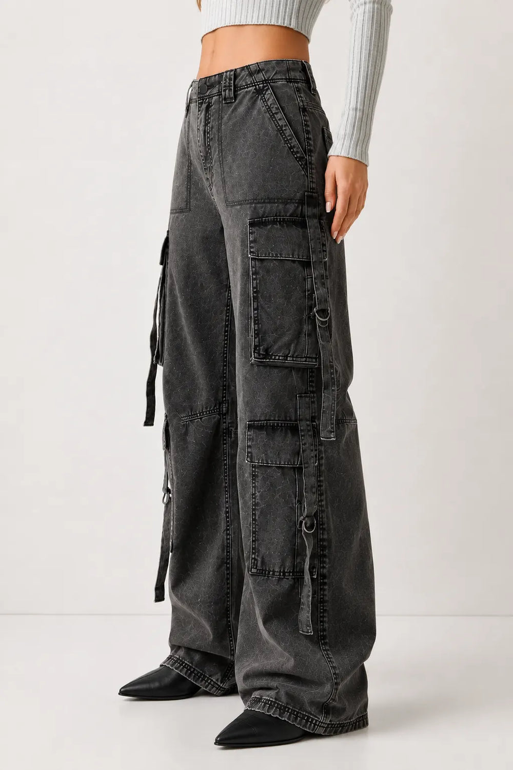 Women's Charcoal Grey High Rise Cargo Wide Leg Jeans with Multi Cargo Pockets Left View By Waysho