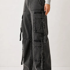 Women's Charcoal Grey High Rise Cargo Wide Leg Jeans with Multi Cargo Pockets Left View By Waysho