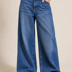 Waysho Women's Dark Blue High Rise Wide Leg Denim Jeans Front View