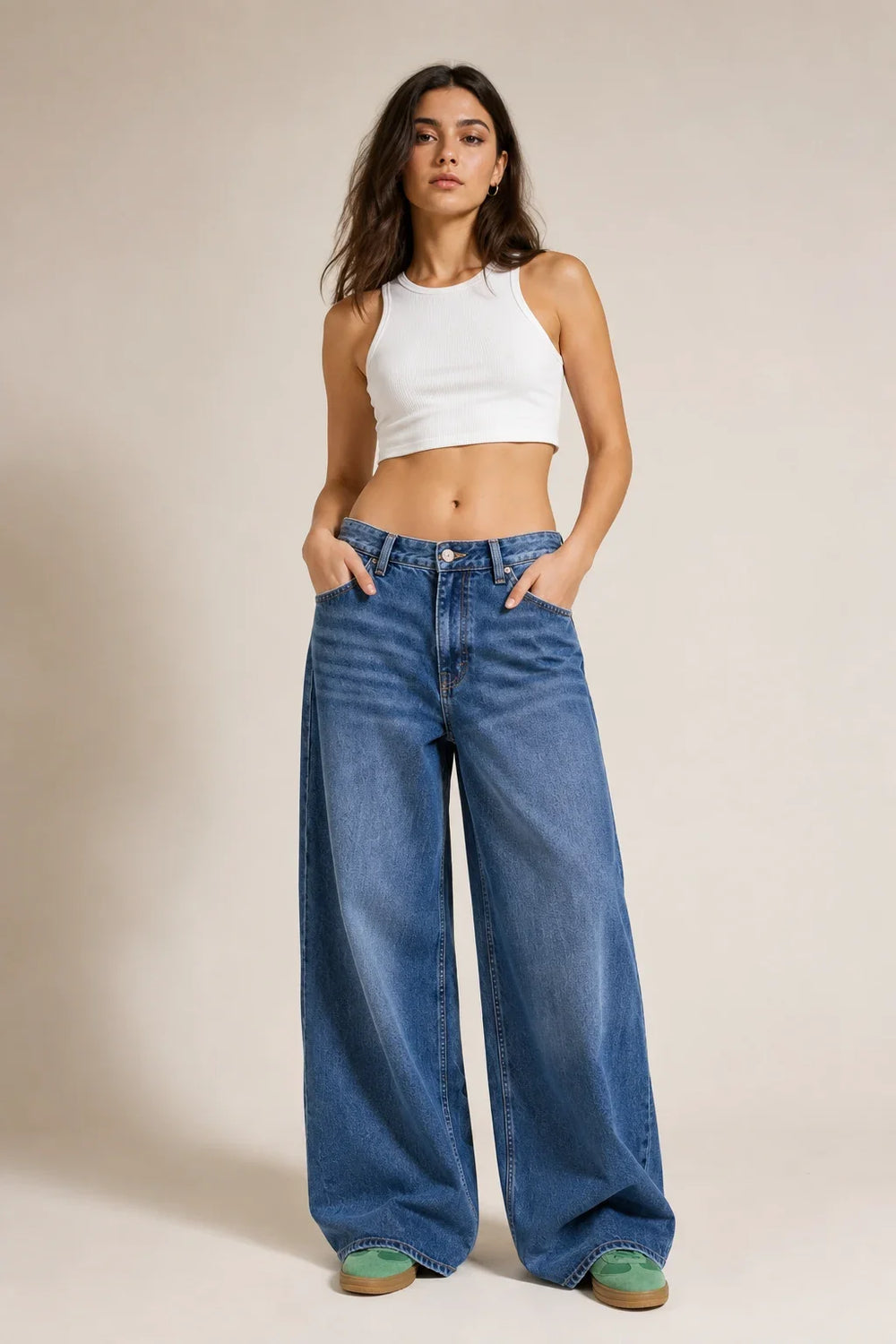 Waysho Women's Dark Blue High Rise Wide Leg Denim Jeans Full Front View