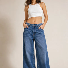 Waysho Women's Dark Blue High Rise Wide Leg Denim Jeans Full Front View