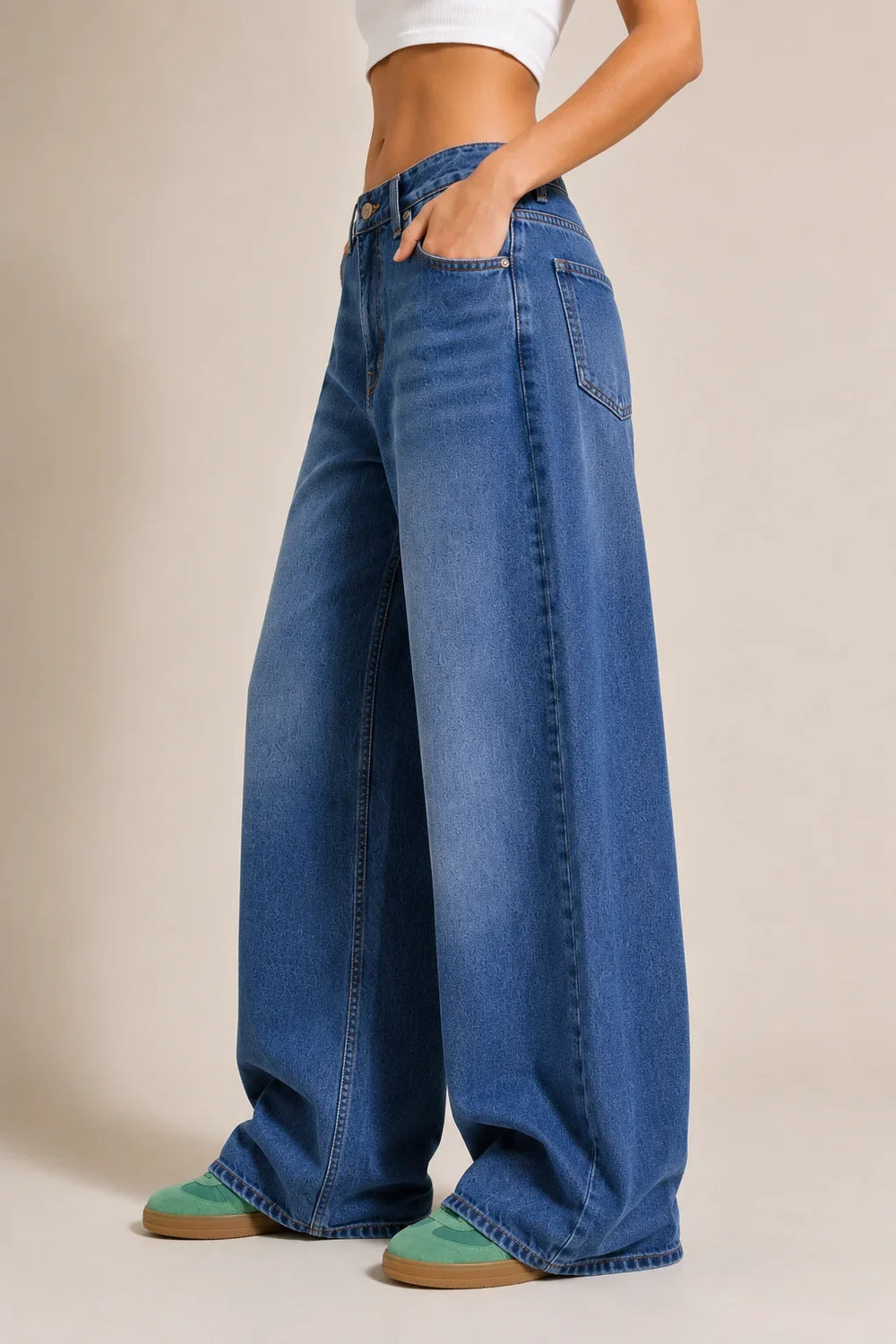 Waysho Women's Dark Blue High Rise Wide Leg Denim Jeans Left View
