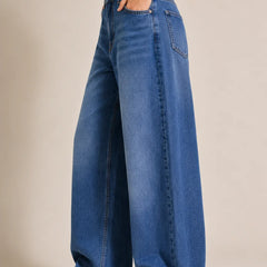 Waysho Women's Dark Blue High Rise Wide Leg Denim Jeans Left View