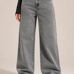 Waysho Women's Grey High Rise Wide Leg Washed Denim Jeans Front View