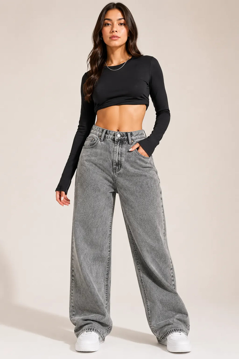 Waysho Women's Grey High Rise Wide Leg Washed Denim Jeans Full Front View