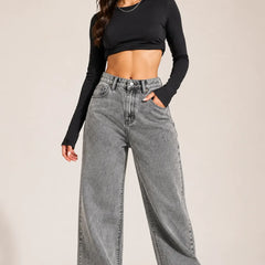 Waysho Women's Grey High Rise Wide Leg Washed Denim Jeans Full Front View