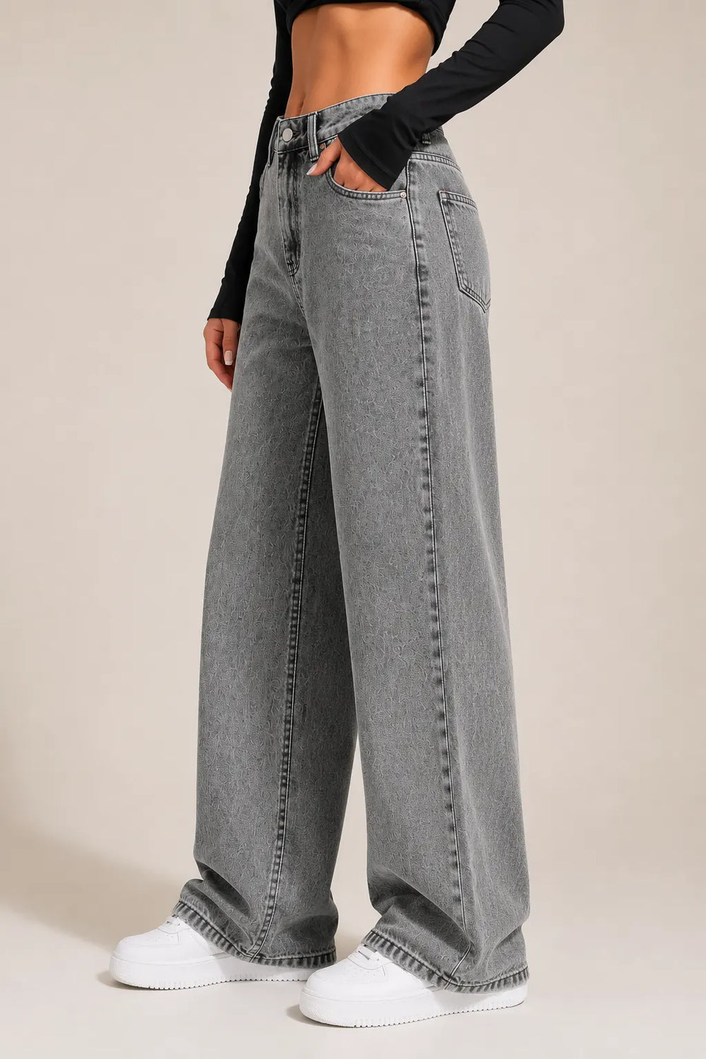 Waysho Women's Grey High Rise Wide Leg Washed Denim Jeans Left View