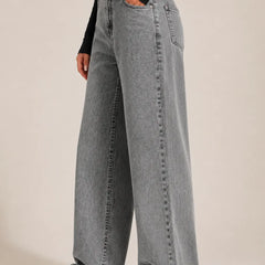 Waysho Women's Grey High Rise Wide Leg Washed Denim Jeans Left View
