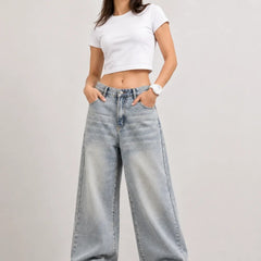 Women's Grey High Rise Wide Leg Denim Jeans Full View by Waysho